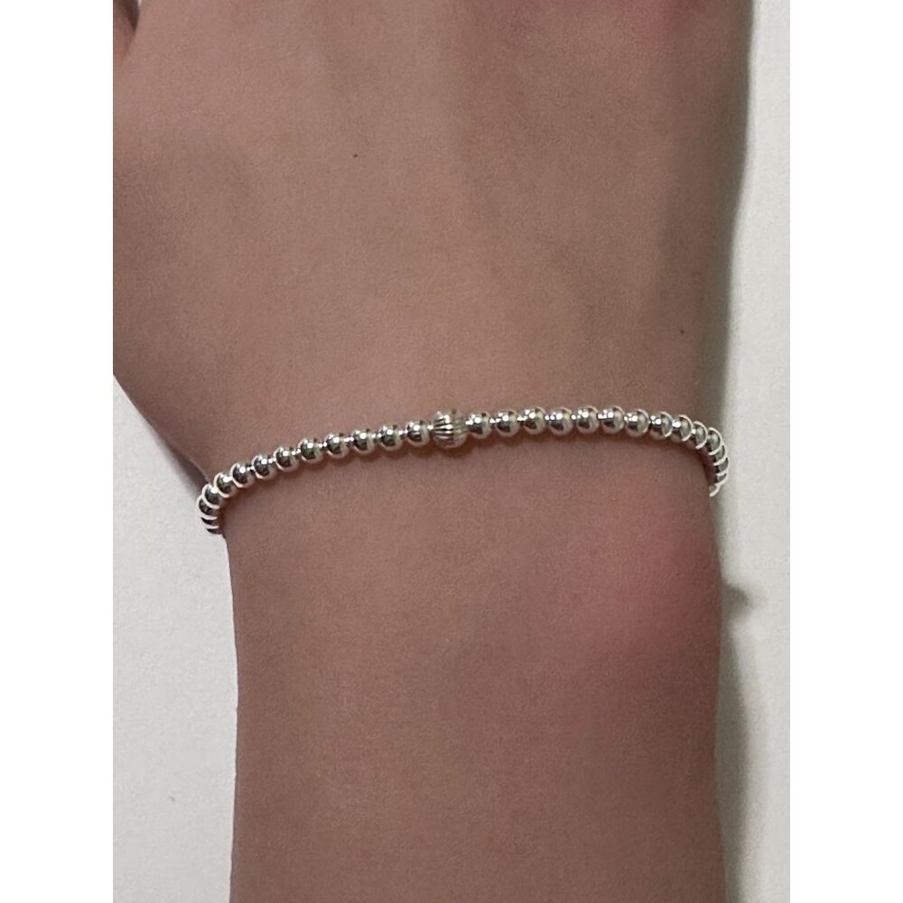 925 Sterling Silver Beaded Stretch Stacking Bracelet Minimalist Corrugated Cente - Picture 3 of 4